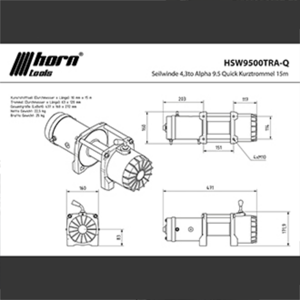 Horntools, Seilwinde 4,3t, Alpha 9.5 Kompakt, 24V, für Anhänger, 15m Kunststoffseil
